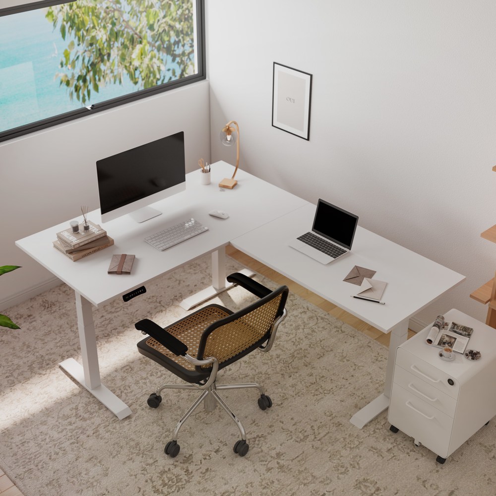 FlexiSpot E7L 76inW L-Shaped Electric Height-Adjustable Standing Desk, White MPN:E7LW557624WHT