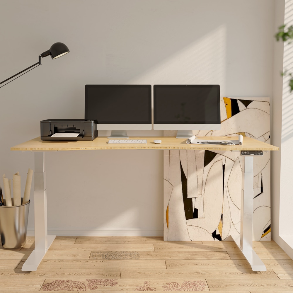 FlexiSpot E7 Electric 60inW Height-Adjustable Standing Desk, Bamboo/White MPN:E7WCR6030LBZB