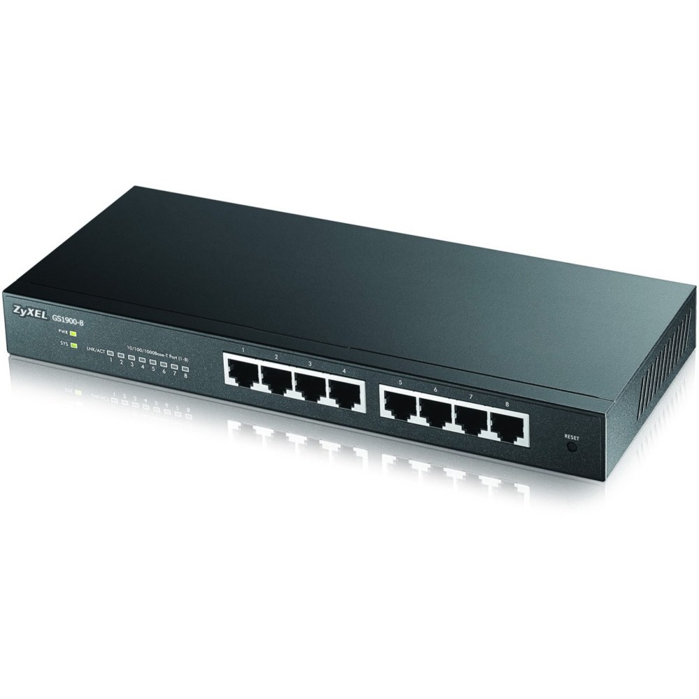 ZyXEL GS1900-8 Fanless 8 Port GbE L2 Web Managed Desktop Switch - 8 Ports - L2 Managed - 8 x RJ-45 - 10/100/1000Base-T - Desktop MPN:GS1900-8