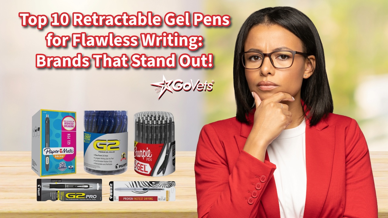business woman in red jacket white shirt thinking about which retractable gel pens to select.  Choice of. sharpie, g2, zebra, paper mate, 