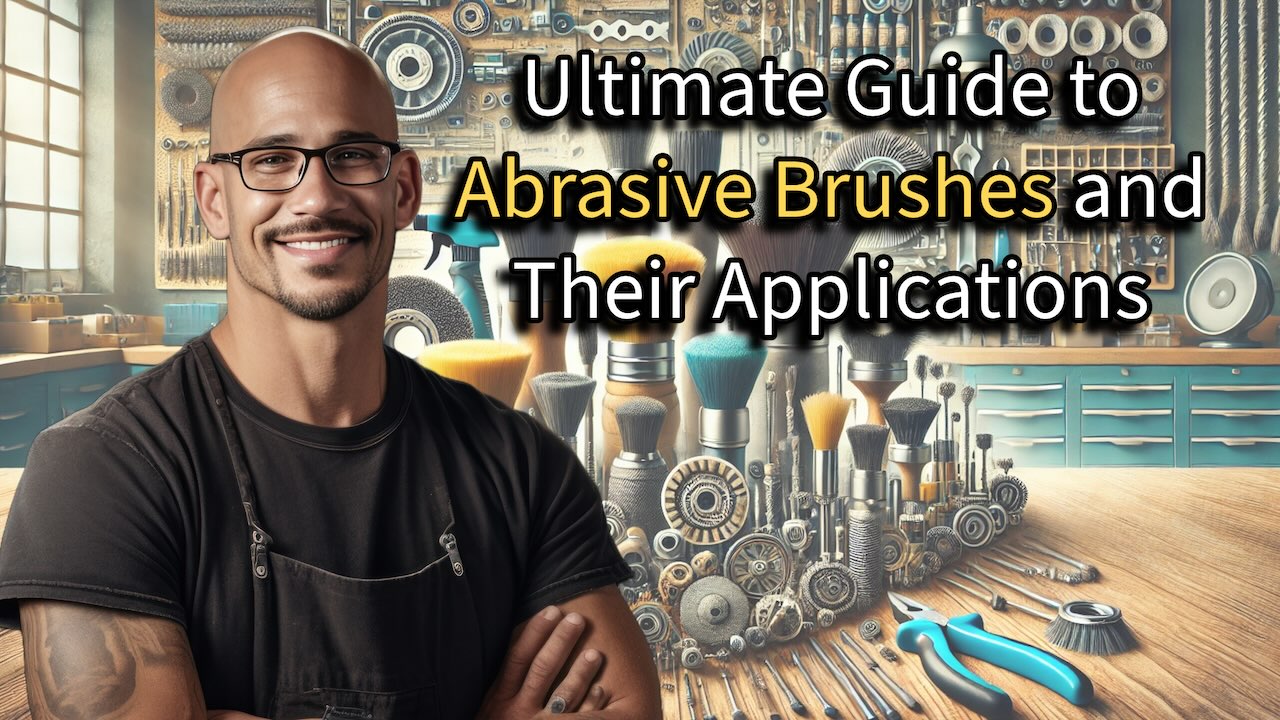 Smiling man in a workshop with various abrasive brushes and tools, text reads ‘Ultimate Guide to Abrasive Brushes and Their Applications.