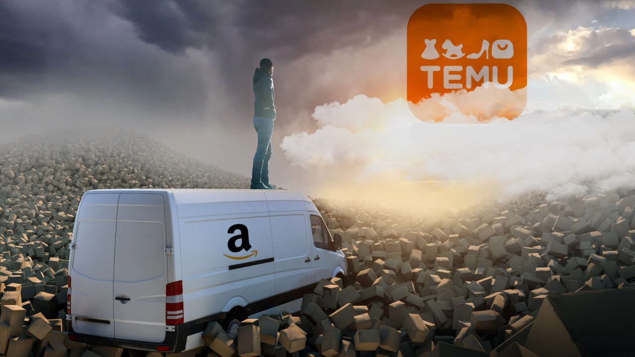 Amazon van driving into several boxes - with TEMU rising in the background