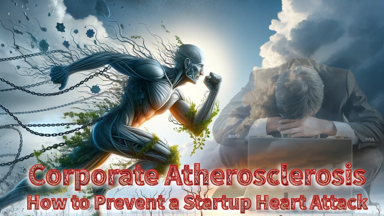Corporate Atherosclerosis - man with chains running towards man with laptop - business failure