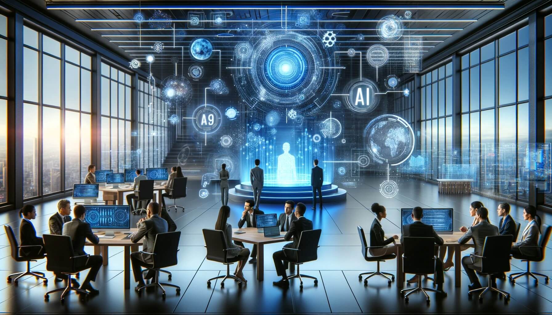 A futuristic office space showcasing professionals engaged in a discussion on Generative AI, surrounded by holographic projections and advanced technological tools.