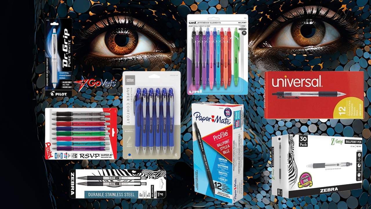girl brown eye mozaic scale face looking at various brands retractable ballpoint pens dr grip universal zebra office depot pentel paper mate 
