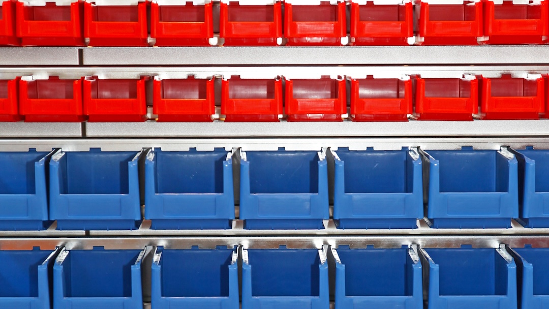 storage bins filled with nuts bolts anchors screws nails washers and more