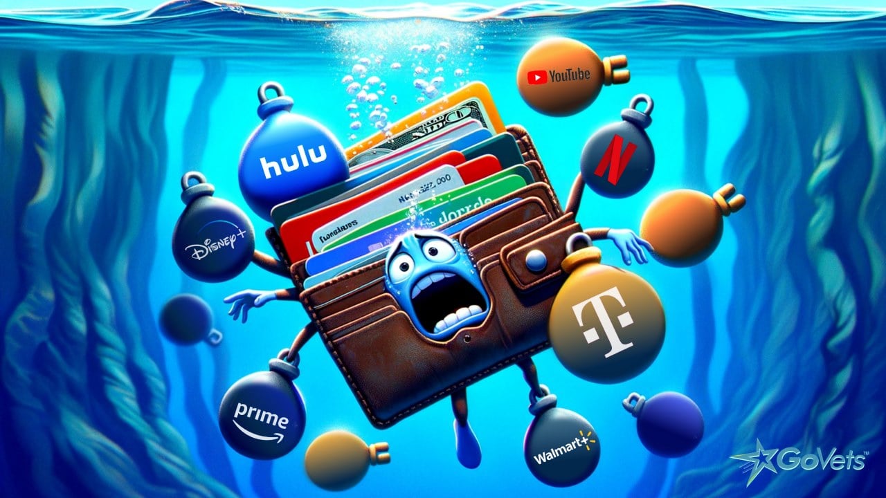 Wallet sinking in ocean tied down by weights associated with subscriptions - subscription fatigue - death-by-a-thousand cuts - netflix, hulu, tmobile, disney, walmart, amazon prime