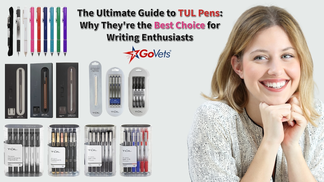 Happy young woman showcasing an array of TUL pens including gel, rollerball, and ballpoint models, highlighting their vibrant colors and unique designs.
