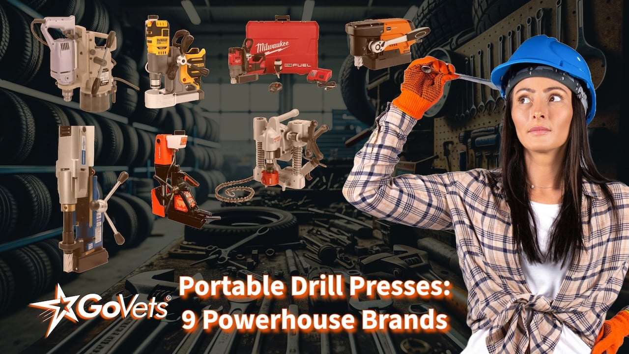 Various portable drill press machines lined up in a workshop, representing the top brands for precision drilling